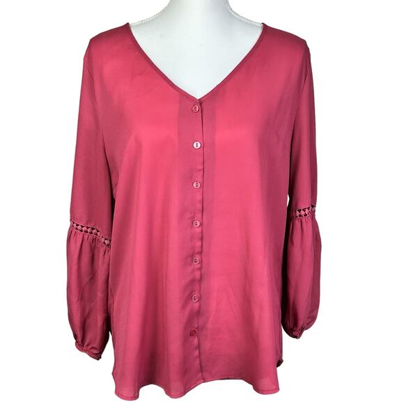 Fortune + Ivy Top Women Large Magenta Pink Sheer Eyelets Puffy Sleeve Boho Tunic - Picture 1 of 11